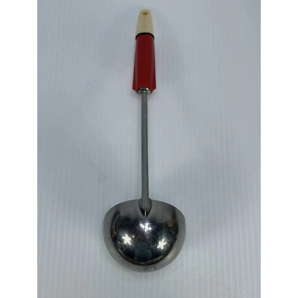 VINTAGE SOUP LADLE STAINLESS STEEL THROUGHOUT‎ EKCOLINE RED WHITE HANDLE